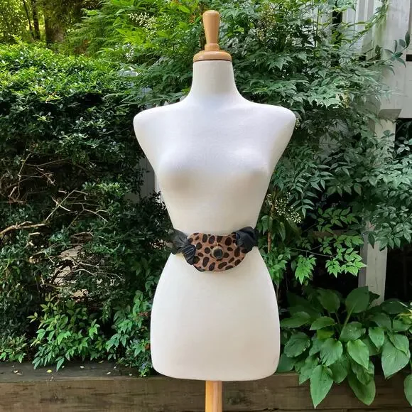 Handmade Leather Belt OOAK Tie Wrap 41” Black Cheetah Faux Fur Mobwife Bohemian - Picture 2 of 8